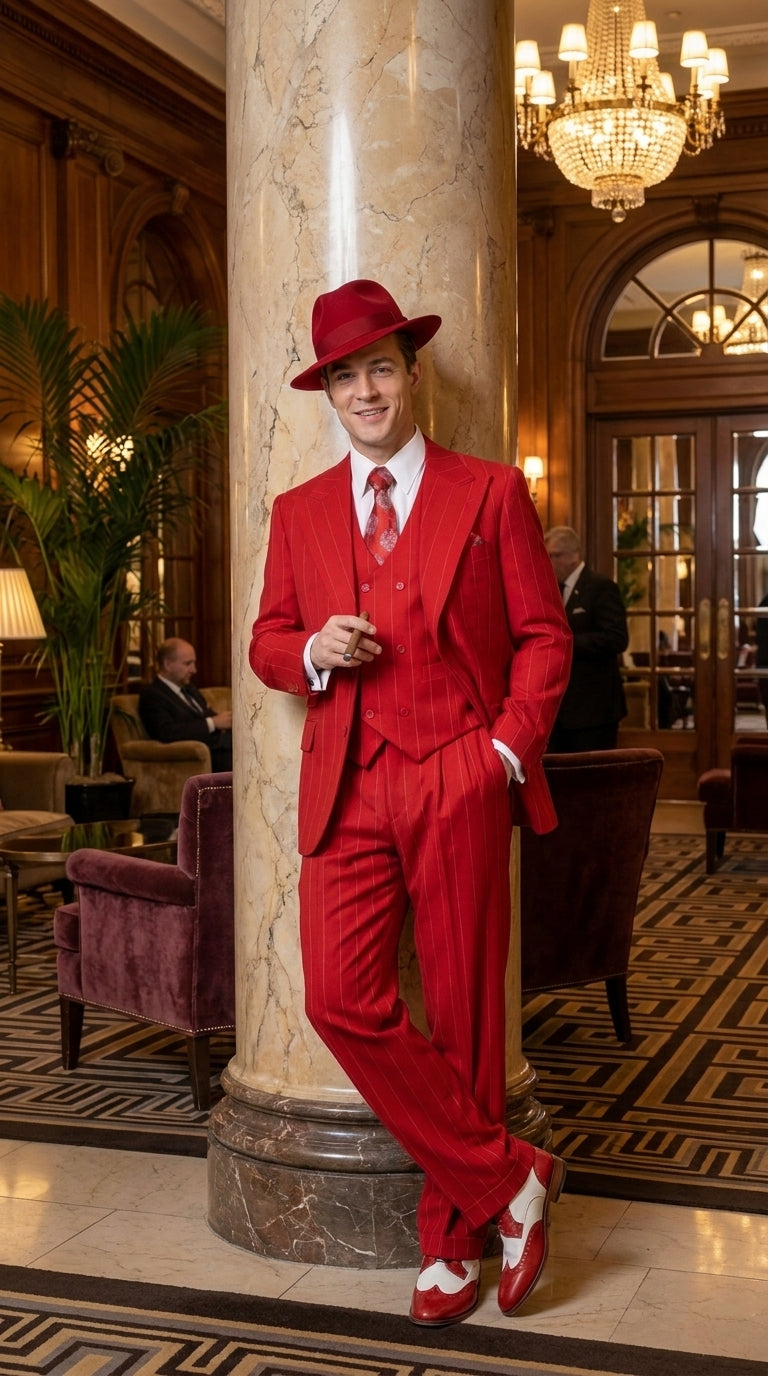 1920s Christmas Holiday Gangster Men’s Red Pinstripe 3-Piece Suit – Peak Lapel Classic Fit Pleated Pants