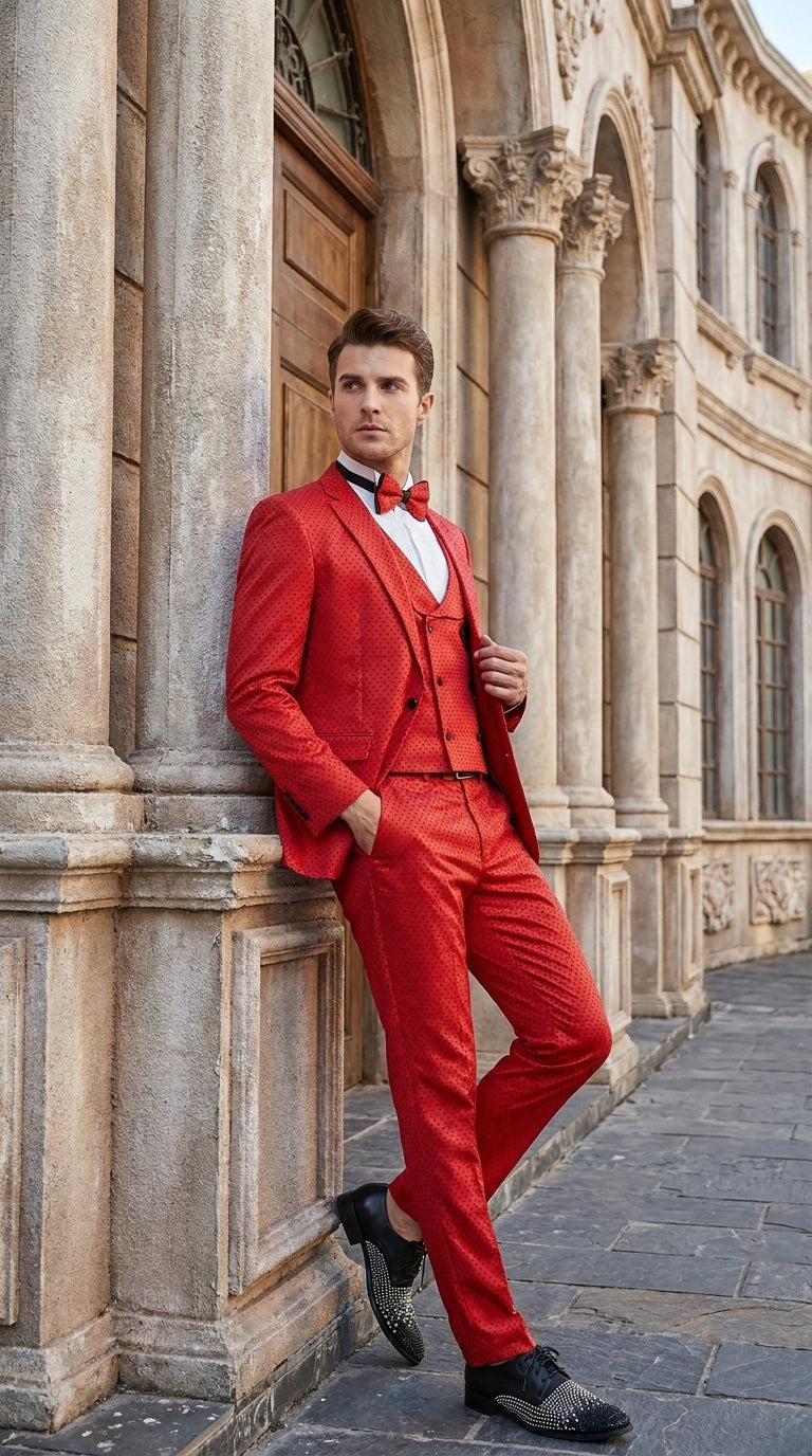 Tazio Men’s Cherry Red and Black  Polka-Dot 3-Piece Suit – Skinny Fit Prom, Wedding and Party Suit or Tuxedo