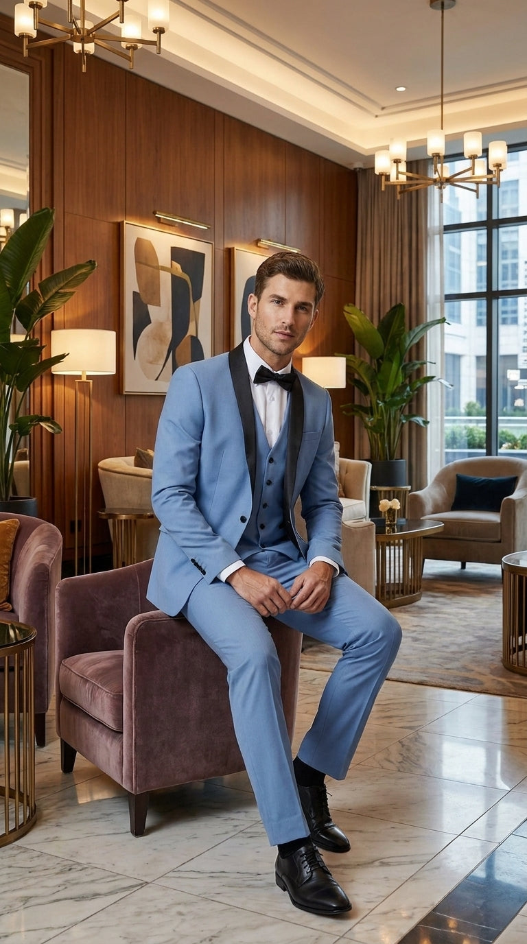 Men’s Powder Blue 3 Piece Tuxedo Suit – Light Blue Shawl Lapel Wedding Prom Suit with Vest