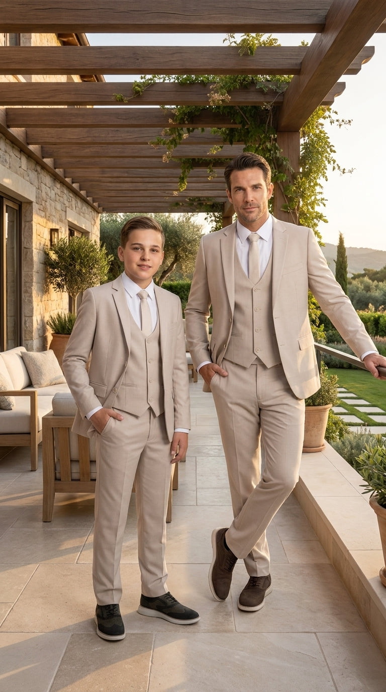 Dad & Son Matching Beige 3-Piece Suits – Father and Son Wedding Formal Suits in Tan Color