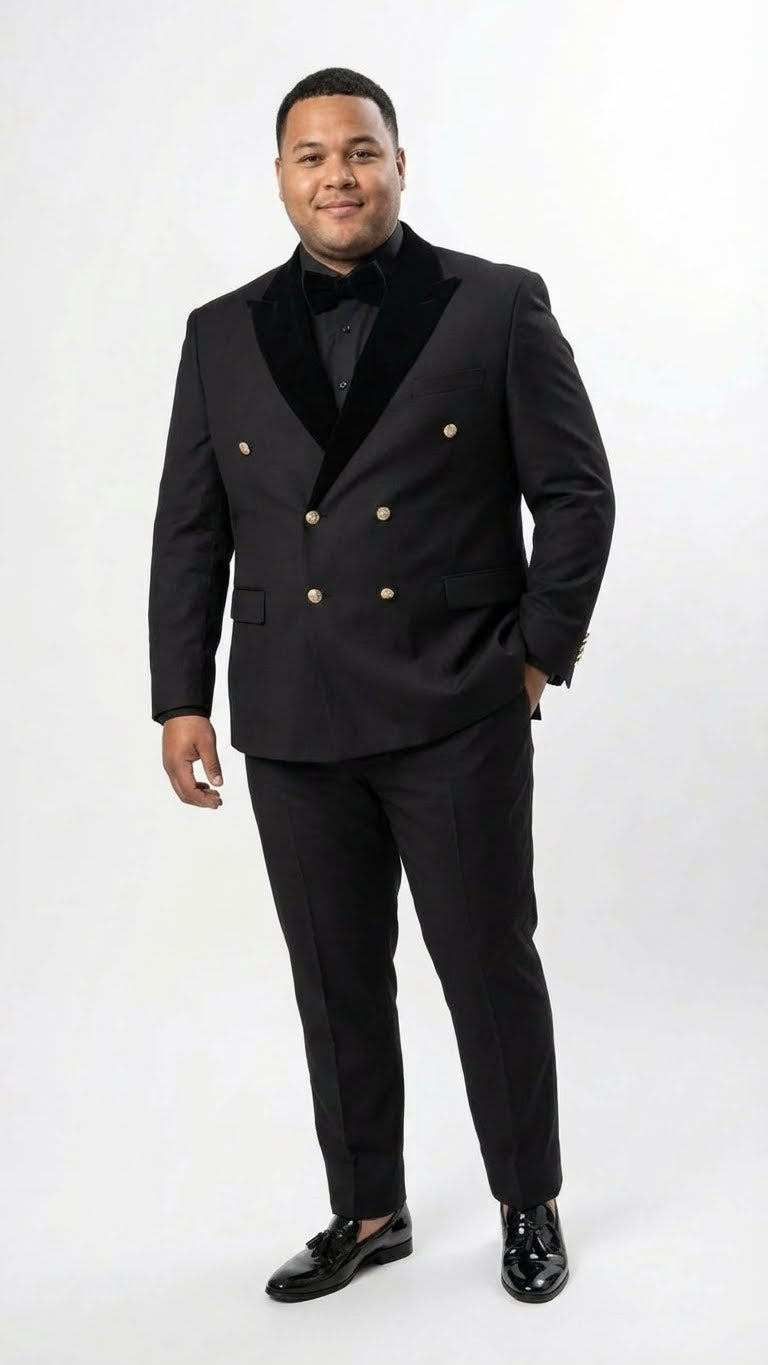 Men’s Black Double Breasted Tuxedo Suit – Luxury Formal Dinner Jacket Gold Buttons Velvet Lapel
