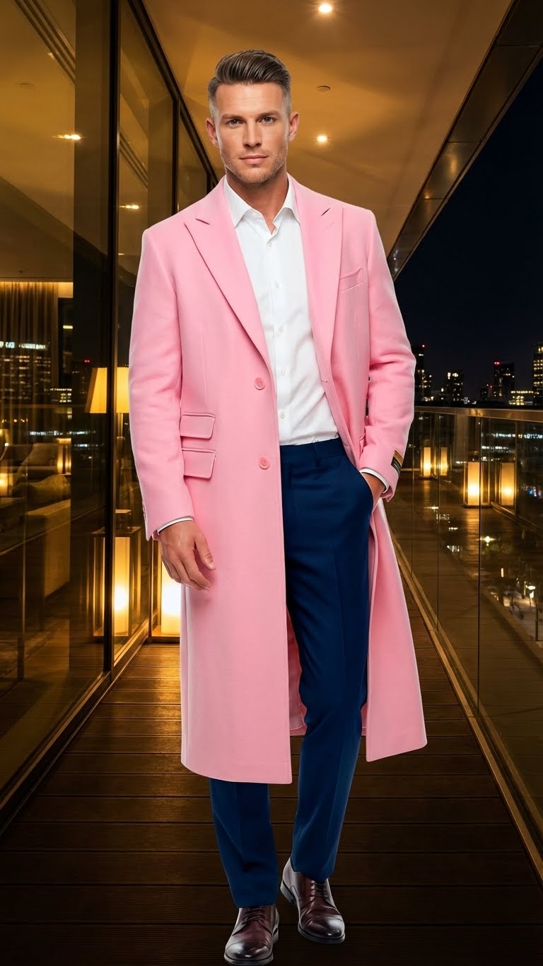 Men's slim-fit pink wool blend overcoat. Single-breasted, notched lapels, mid-calf length. Features dual side pockets, clean silhouette.
