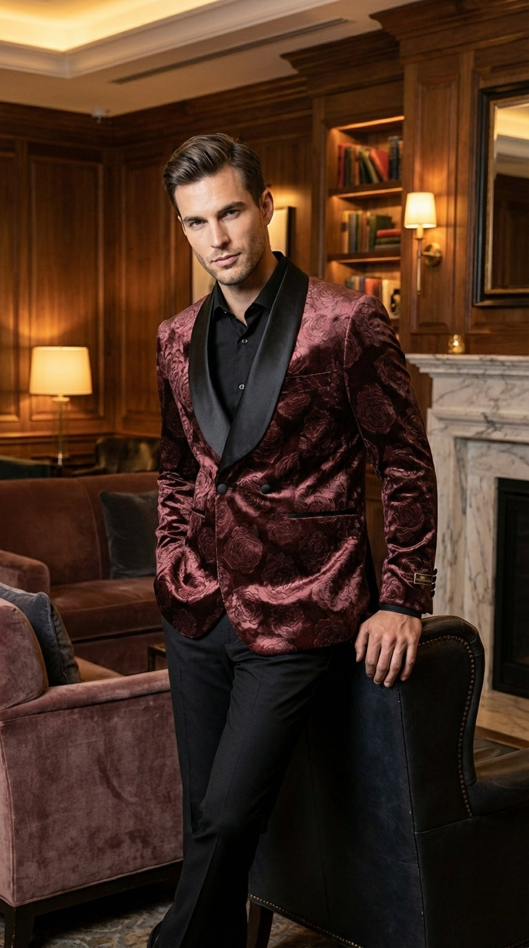 Mens Rust Copper Brick color Floral Jacquard Pasiley Blazer – Pattern Dinner Jacket with Black Shawl Lapel for Formal dinners and Wedding