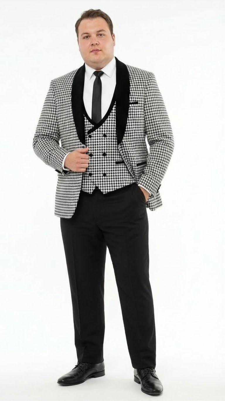 Men's houndstooth tuxedo set: black & white patterned jacket w/ velvet shawl lapel. Matching vest, black trousers. Classic, sophisticated formalwear.
