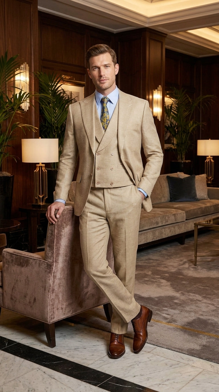 Men’s Great Gatsby Tan Summer Sharkskin 3 Piece – Double Breasted Vest Classic 1920s Groosmen Suit
