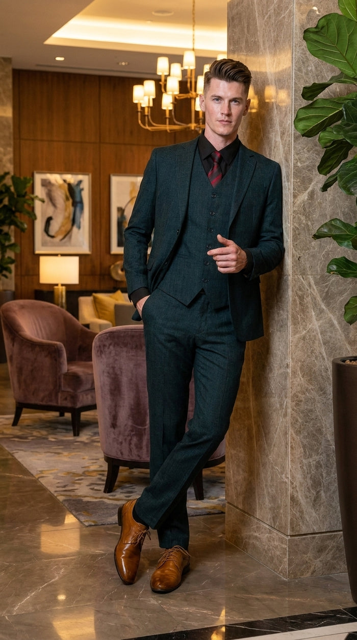 Men’s Teal Green 3 Piece Suit – Modern Two Button Suit with Matching Vest & Pants