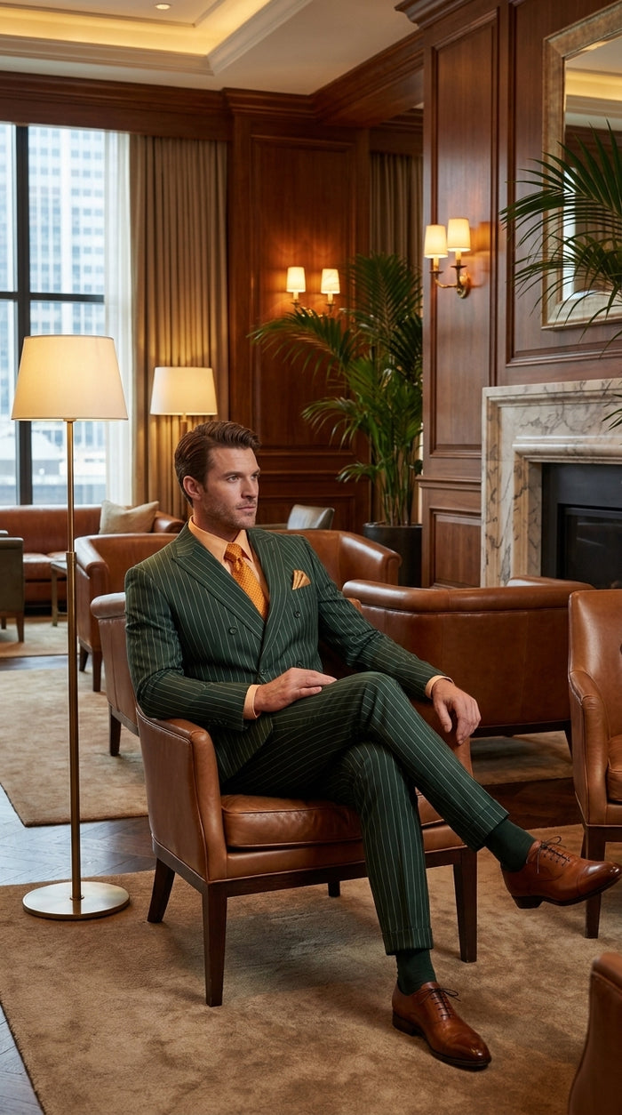 Men’s Hunter Green Pinstripe Double Breasted Suit – Vintage 1920s Great Gatsby Gangster Style
