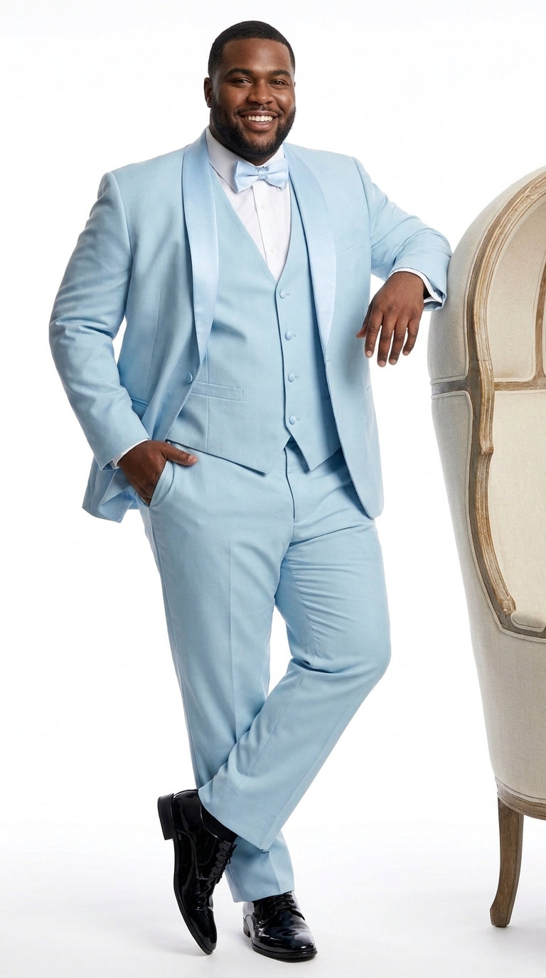 Men’s Powder Blue 3-Piece Tuxedo – Light Blue Wedding & Prom Suit with Vest in Light Blue Sky Color