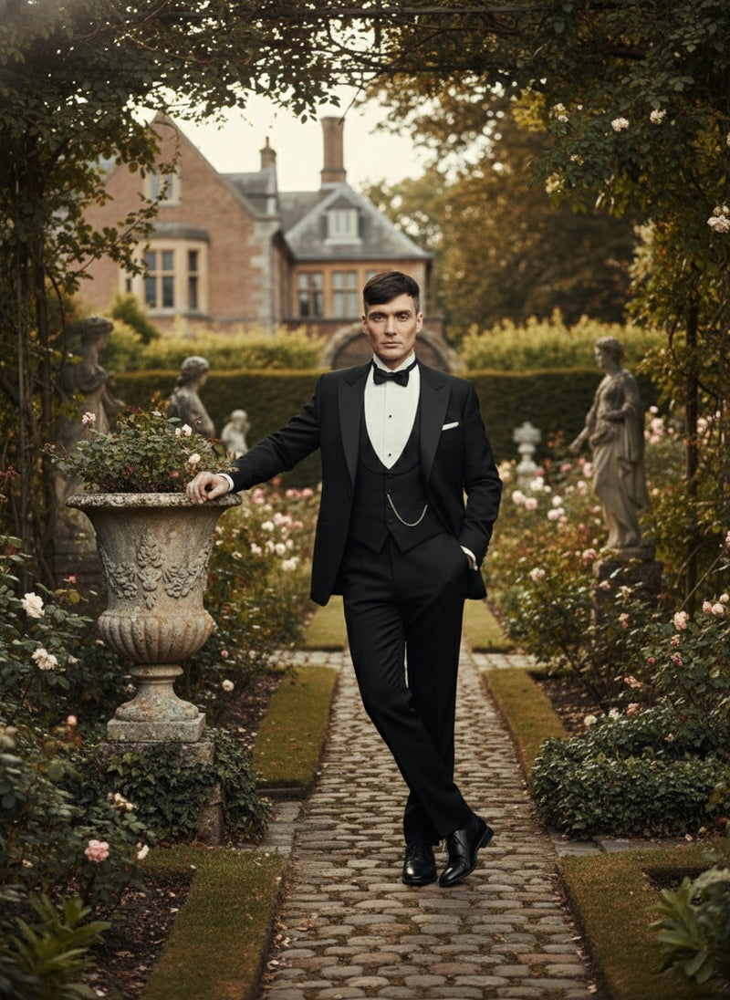 Mens Black Peaky Blinders Style Three-Piece Tuxedo Suit – Classic Formal Suit with Blazer and Waistcoat Peak Lapel 1920s Style