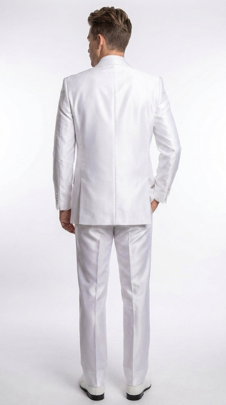 Men’s Shiny White Sateen 3 Piece Suit – Wedding Prom Formal Suit with Vest