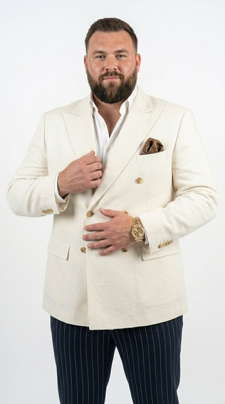 Men’s Ivory Linen Double Breasted Blazer, Lightweight Wedding Dinner Sport Coat Jacket Cream Off White