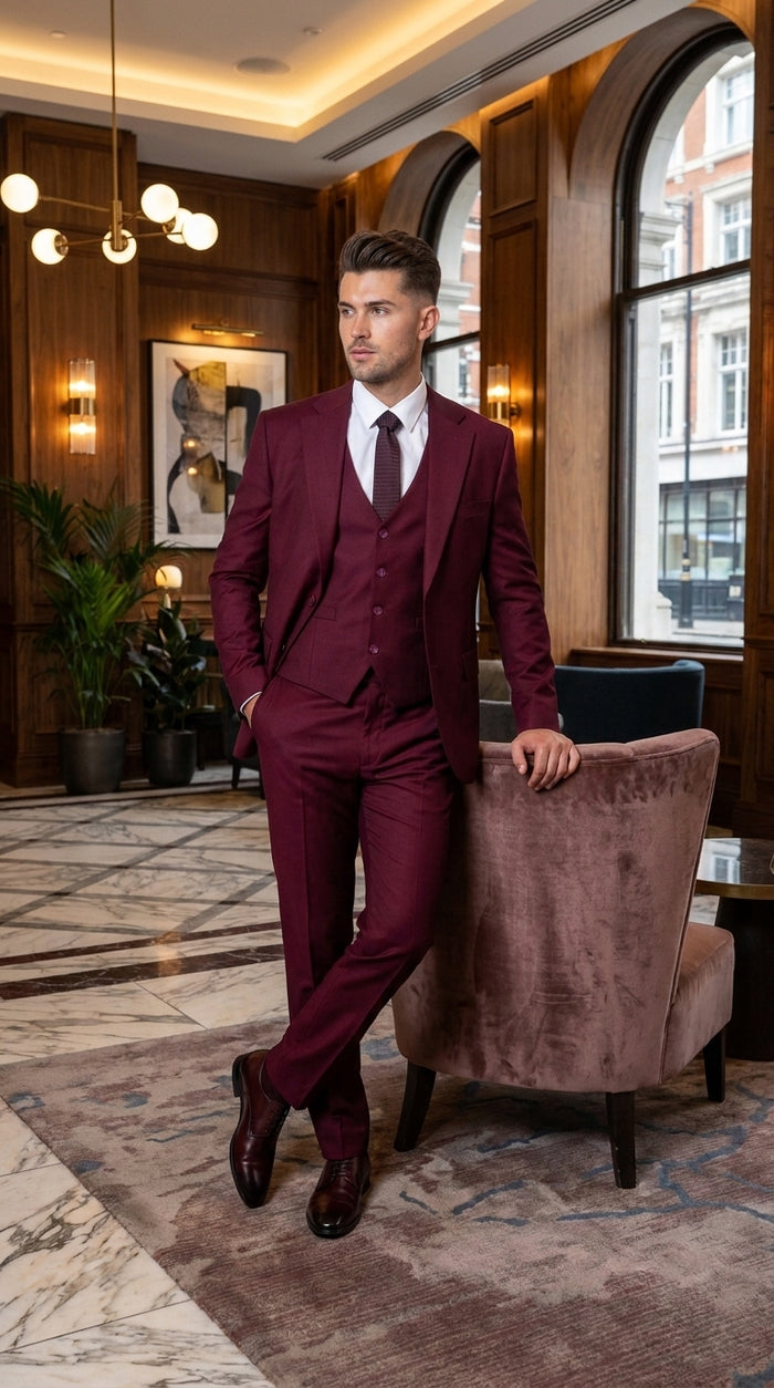 Men’s Stacy Adams Brand Burgundy 3 Piece Suit – Two Button Vested Style church wedding Modern Fit Suit