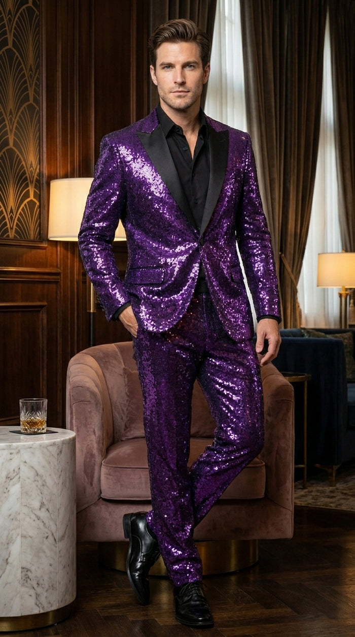 Men’s Purple Glitter Tuxedo Suit with Black Lapel, Party Stage Performance Formal Suit