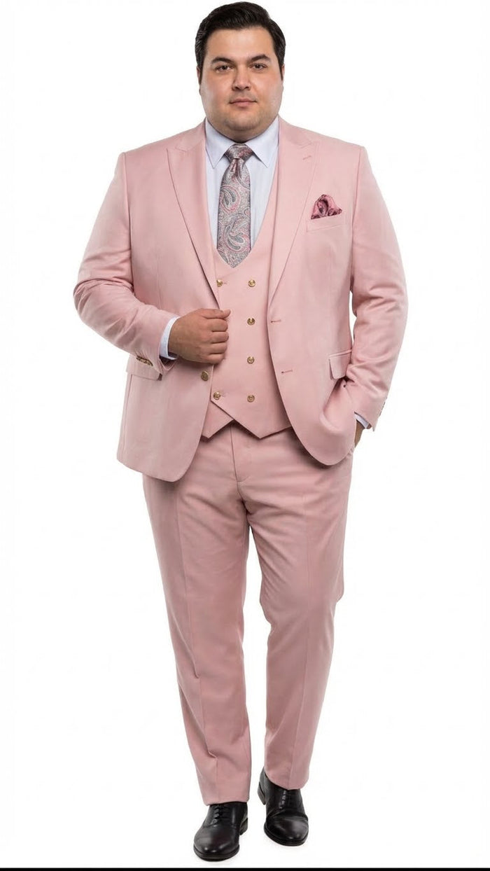 Men's blush pink three-piece suit: tailored jacket (single-button), vest (gold buttons), straight-leg trousers. Includes patterned tie/pocket square. Fitted silhouette with structured shoulders.
