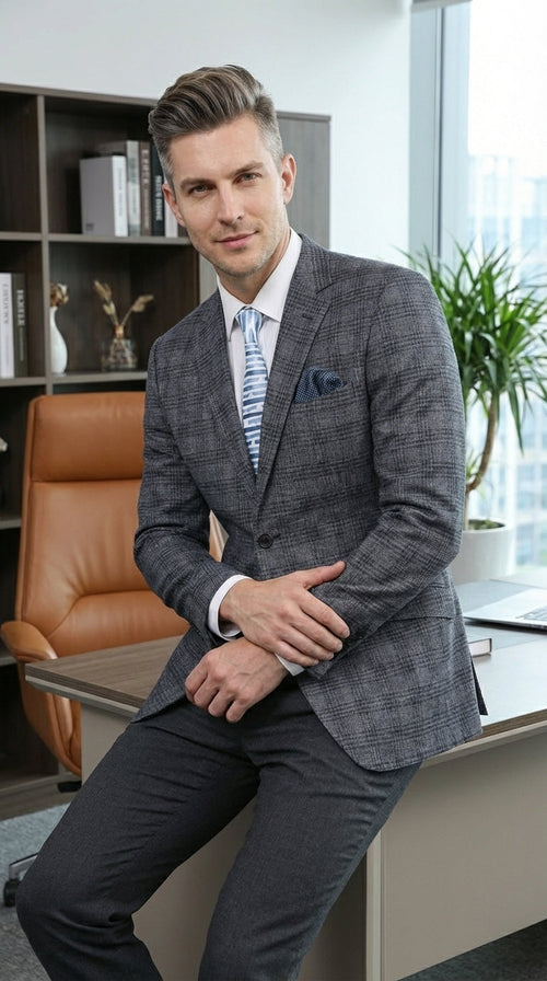 Mens Charcoal Gray with Blue Plaid Pattern Blazer Jacket – Classic Check Pattern Sport Coat for Business, Office, and Smart Casual Wear