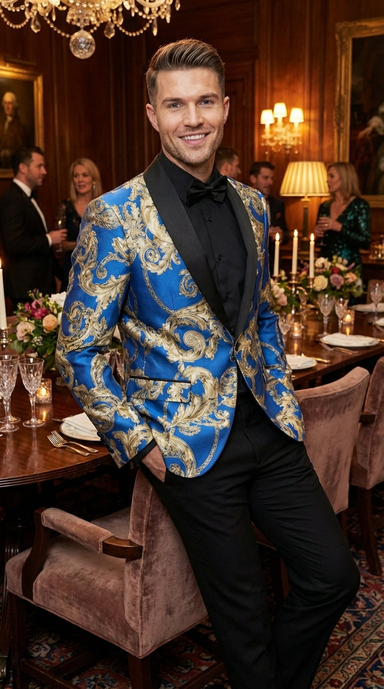 Men’s Royal Blue and Gold Blazer Jacket – Luxury Floral Pattern Tuxedo Blazer, Formal Party Wedding Dinner Jacket, Stylish Evening Wear