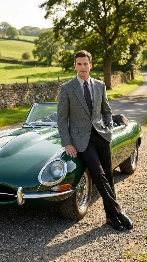 Men's dark grey blazer with tailored fit, notched lapels, and textured charcoal fabric. Features two front pockets and single-button closure for a sharp silhouette.
