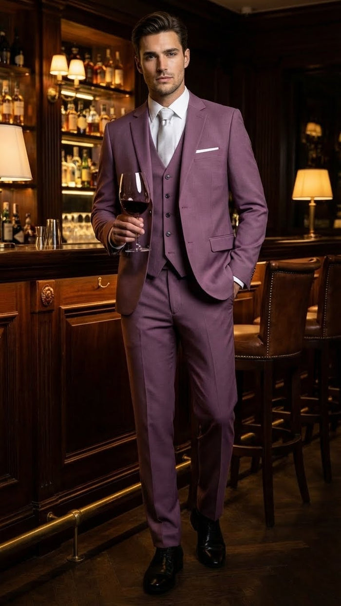 Men's slim-fit mauve three-piece suit. Includes a formal blazer, vest, and trousers with a smooth, solid finish for a sophisticated look.
