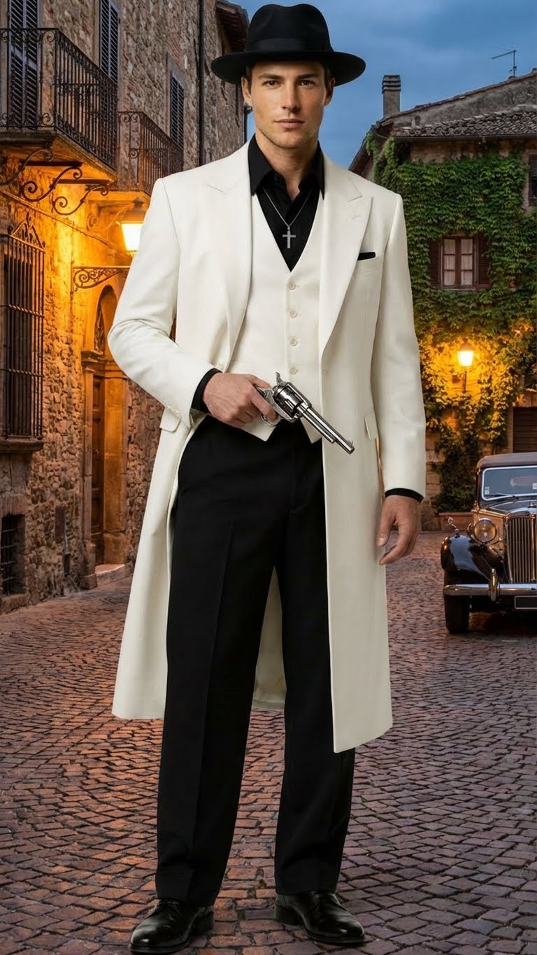 Mens White Long Zoot Suit Costume Set with Black Pants - Wedding, Prom and Party Outfit 1920s - 1930s Gangster Style