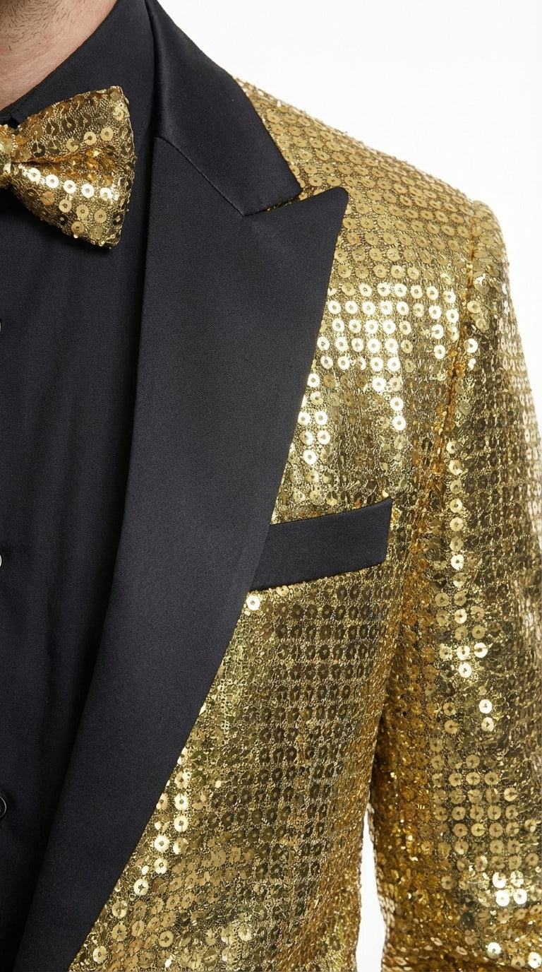 Mens Gold Sequin Blazer with Black Satin Lapel – Gold Formal Party Blazer Jacket for Prom, Wedding and Stage Events