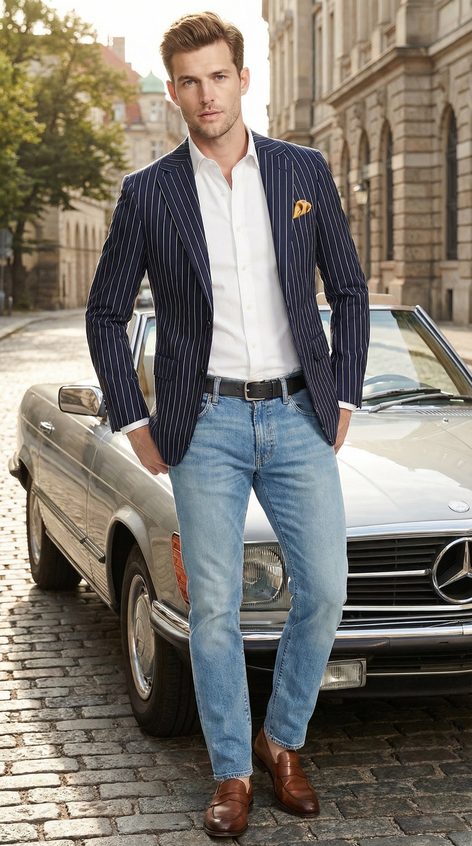 Mens Navy Blue Pinstripe Blazer – Classic Tailored Formal Jacket