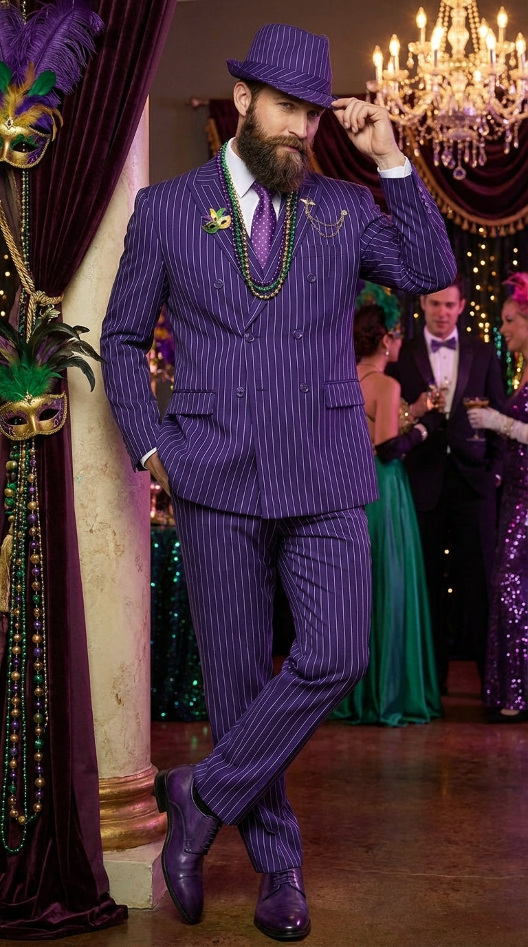 Men’s Purple Pinstripe Mardi Gras Suit | Classic Double Breasted Formal Carnival Suit