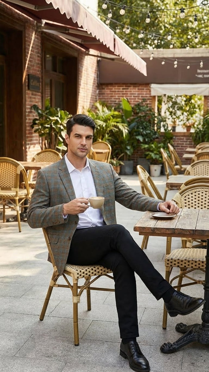 Alberto Nardoni men's plaid sport coat. Structured, single-button closure, traditional collar. Green, brown, teal checkered pattern. Textured fabric, likely wool blend. Casual/semi-formal wear.
