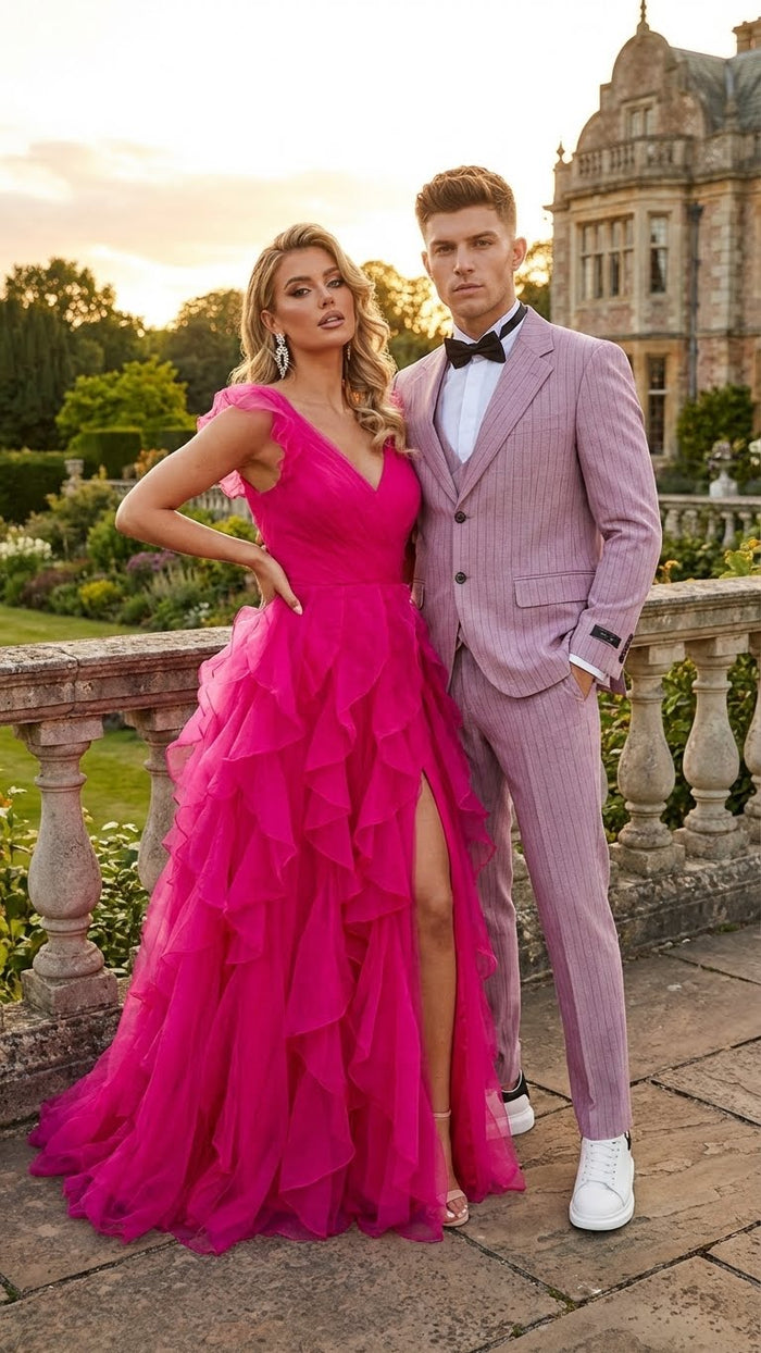 Men's dusty rose pink pinstripe three-piece suit. Fitted jacket (notch lapel), matching vest, and tailored straight-cut trousers. Features fine pinstripes in a lighter shade, soft dusty rose color.
