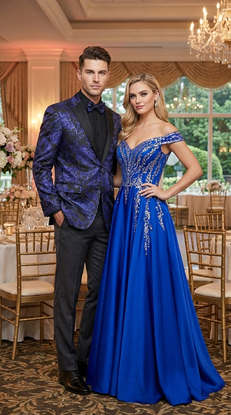 Mens Royal Blue Paisley Jacquard Blazer – Luxury Pattern Tuxedo Dinner Jacket with Black Satin Lapel for Wedding, Prom With Bowtie