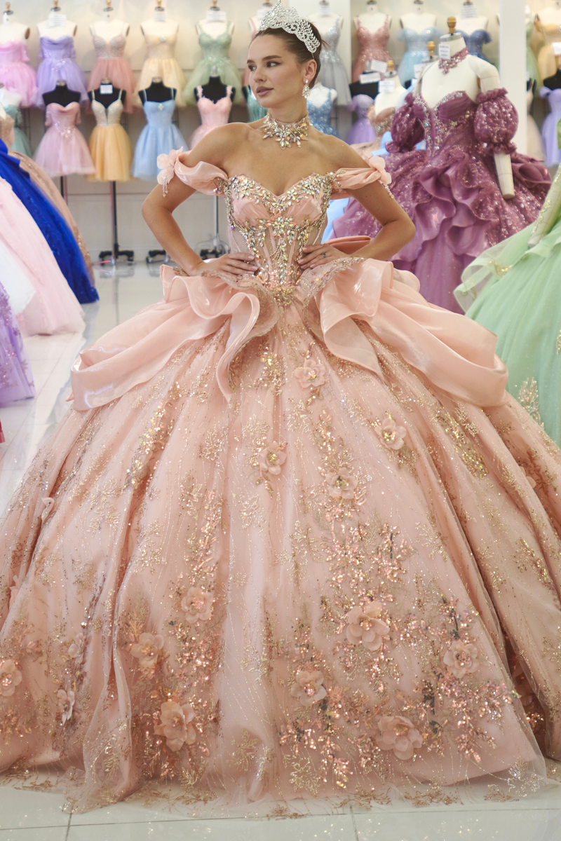 Off-Shoulder Sweetheart Beaded Corset Glitter Ball Gown Quinceañera Dress by Layla K LK313