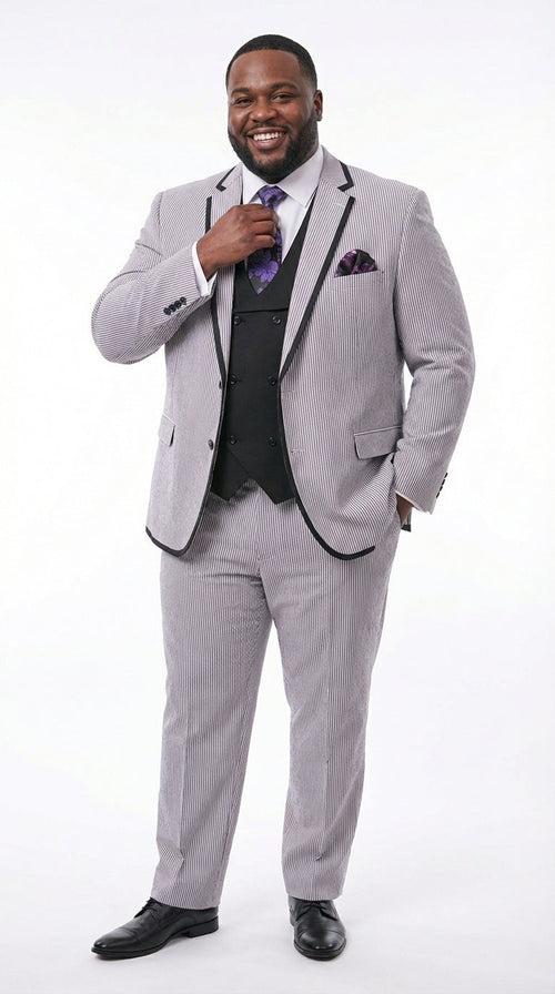 Mens Black and White Pinstripe Wedding Tuxedo Suit – Three Piece Formal Suit Set with Contrast Trim for Groom, Prom - Seersucker Summer Suit