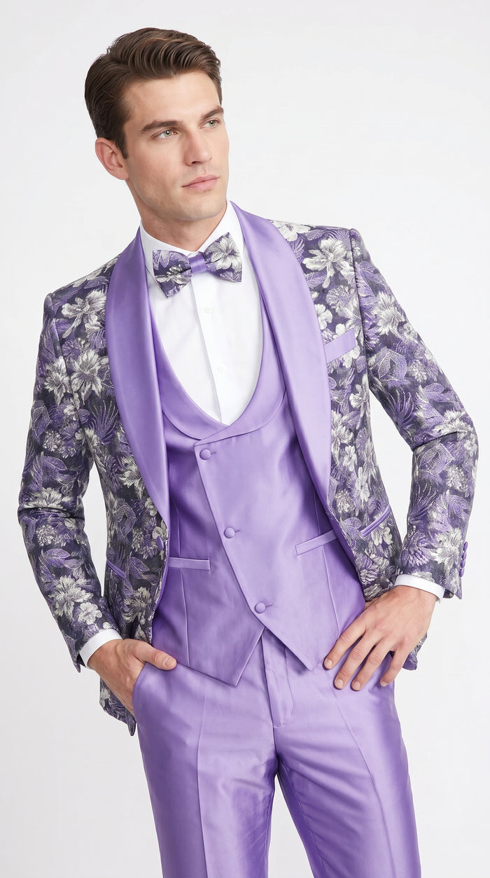 Men’s Lilac Lavender Prom Suit – Floral Shawl Lapel 3 Piece Tuxedo with Matching Vest and Pants