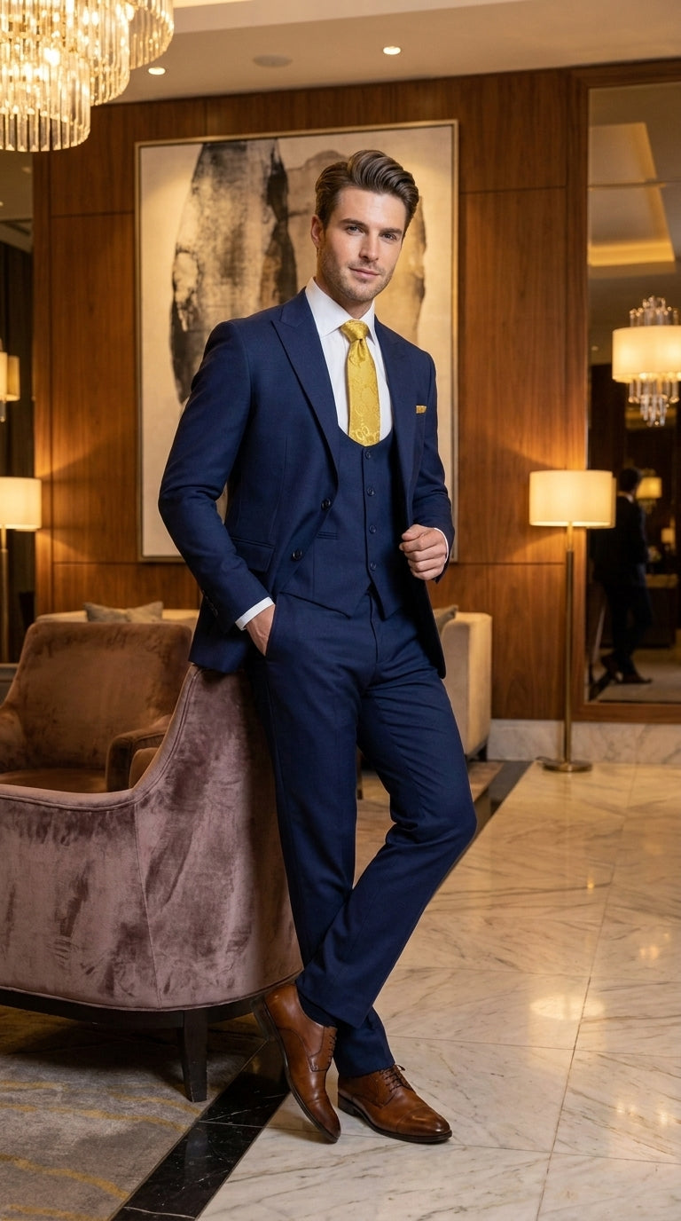 Men's Vitali 3 Piece Suit W/scoop Vest Navy Blue 3 |piece Suit – Big Peak Lapel Vest and Pants Modern Fit Two Buttons