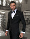 Black men's 2-button skinny wool suit with vest. Slim fit, solid black, notch lapel. Includes suit, vest. Worn with white dress shirt and bow tie.