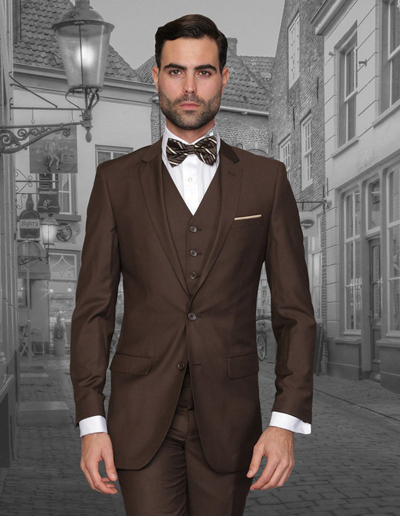Brown men's 2-button skinny vested wool suit. Features fitted blazer with two front pockets & five-button vest. Slim silhouette, smooth fabric.