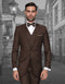 Brown men's 2-button skinny vested wool suit. Features fitted blazer with two front pockets & five-button vest. Slim silhouette, smooth fabric.