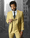 Men's chestnut two-button skinny vested wool suit. Slim-fit jacket and vest, tapered trousers. Smooth wool with a slight sheen, structured design.
