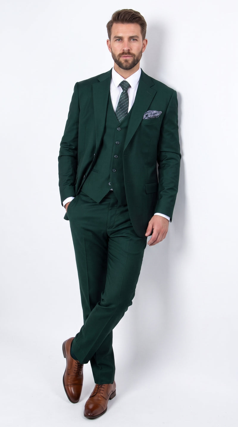Men’s Stacey Adams Designer Hunter Green 3 Piece Suit – Two Button Vested Classic Wedding, Prom & Formal Suit