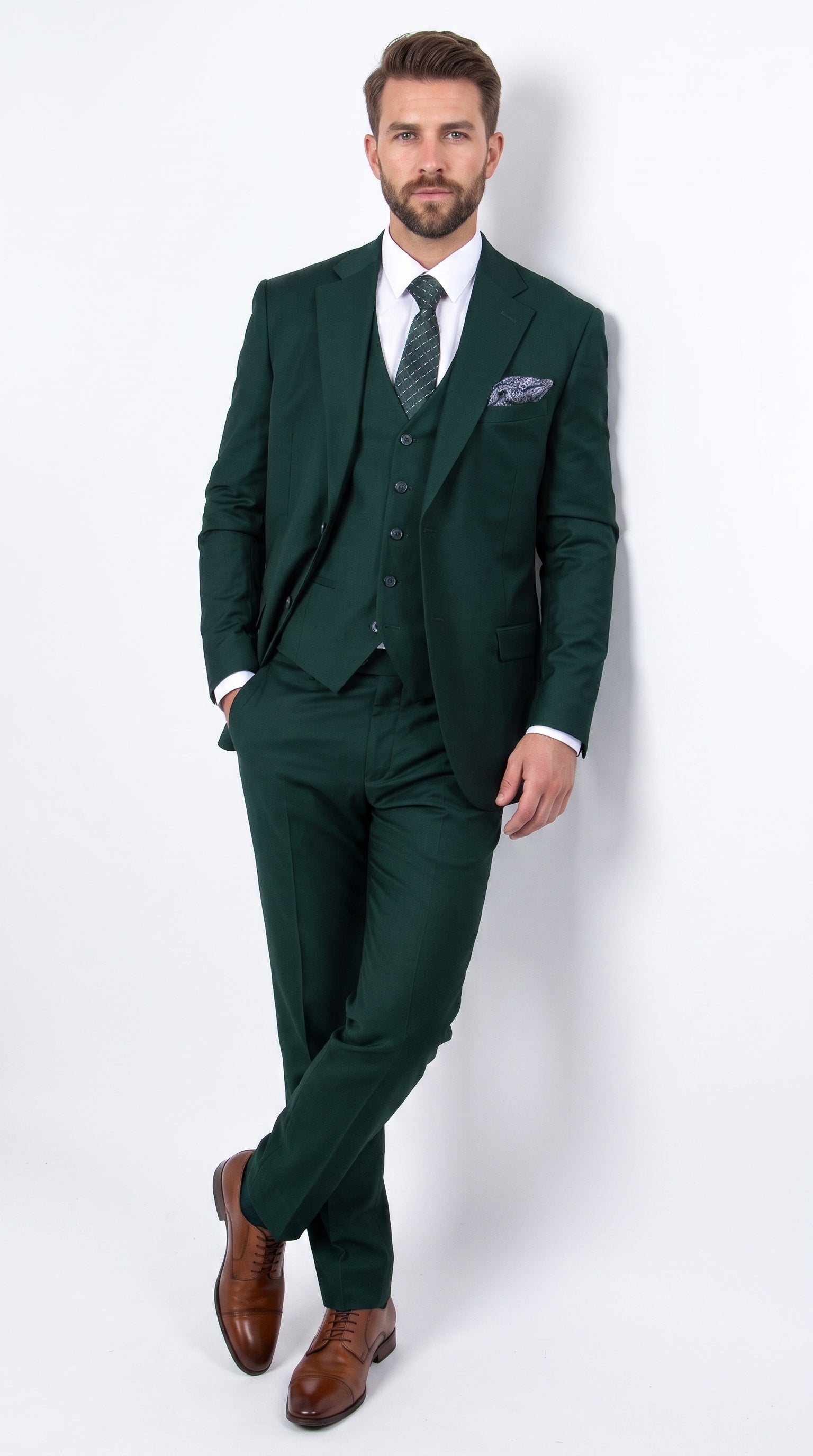 Men’s Stacey Adams Designer Hunter Green 3 Piece Suit – Two Button Vested Classic Wedding, Prom & Formal Suit
