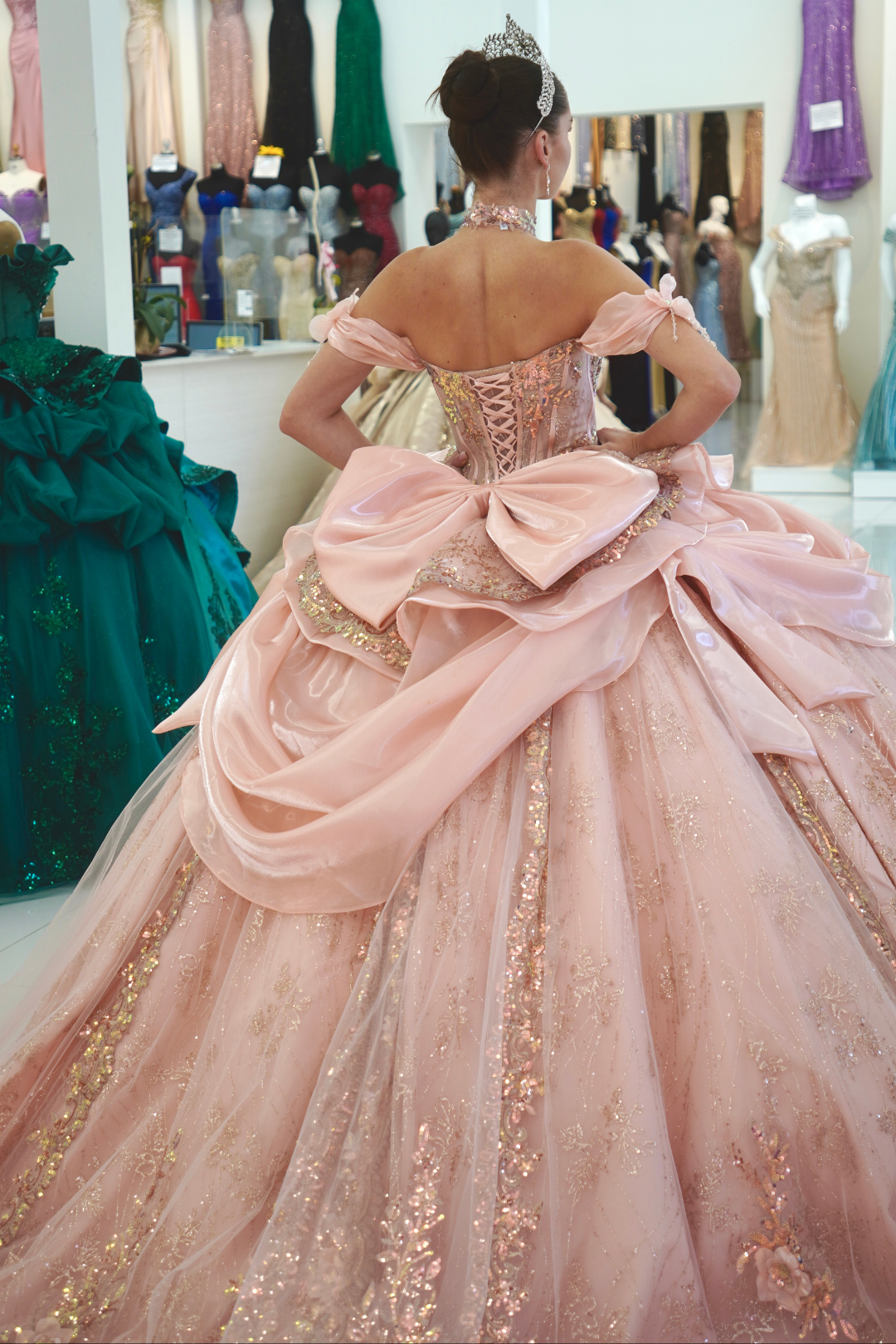 Off-Shoulder Sweetheart Beaded Corset Glitter Ball Gown Quinceañera Dress by Layla K LK313
