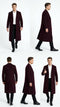 Men's burgundy long coat in a classic fit. Wool blend, straight silhouette, single-breasted. Notch lapels, button closure, side pockets, and back vent. Deep burgundy color, knee-length. Textured fabric.
