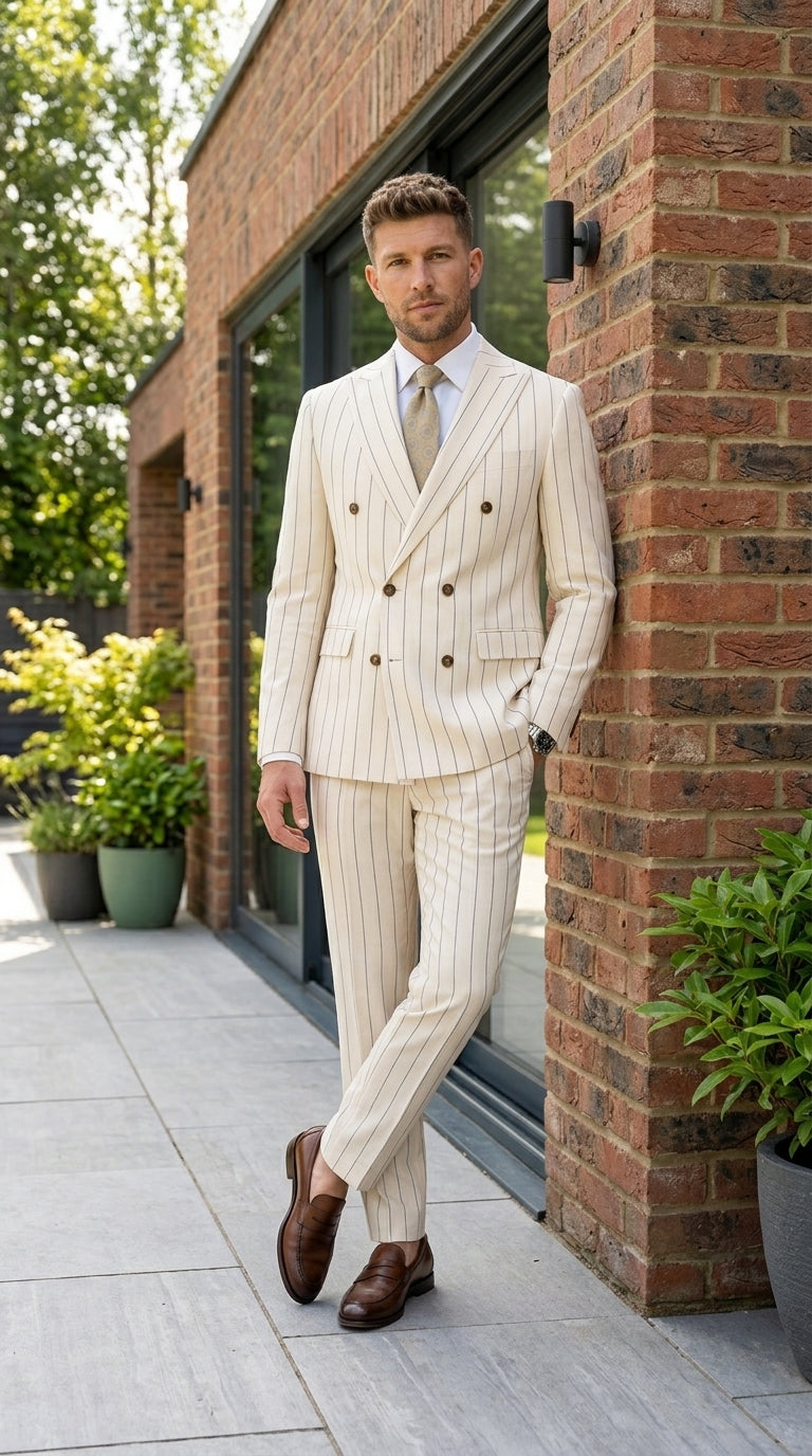 Men’s Cream Off White Pinstripe Linen Pinstripe 2 Piece Double Breasted Suit, Summer Wedding Ivory Color By Vitali