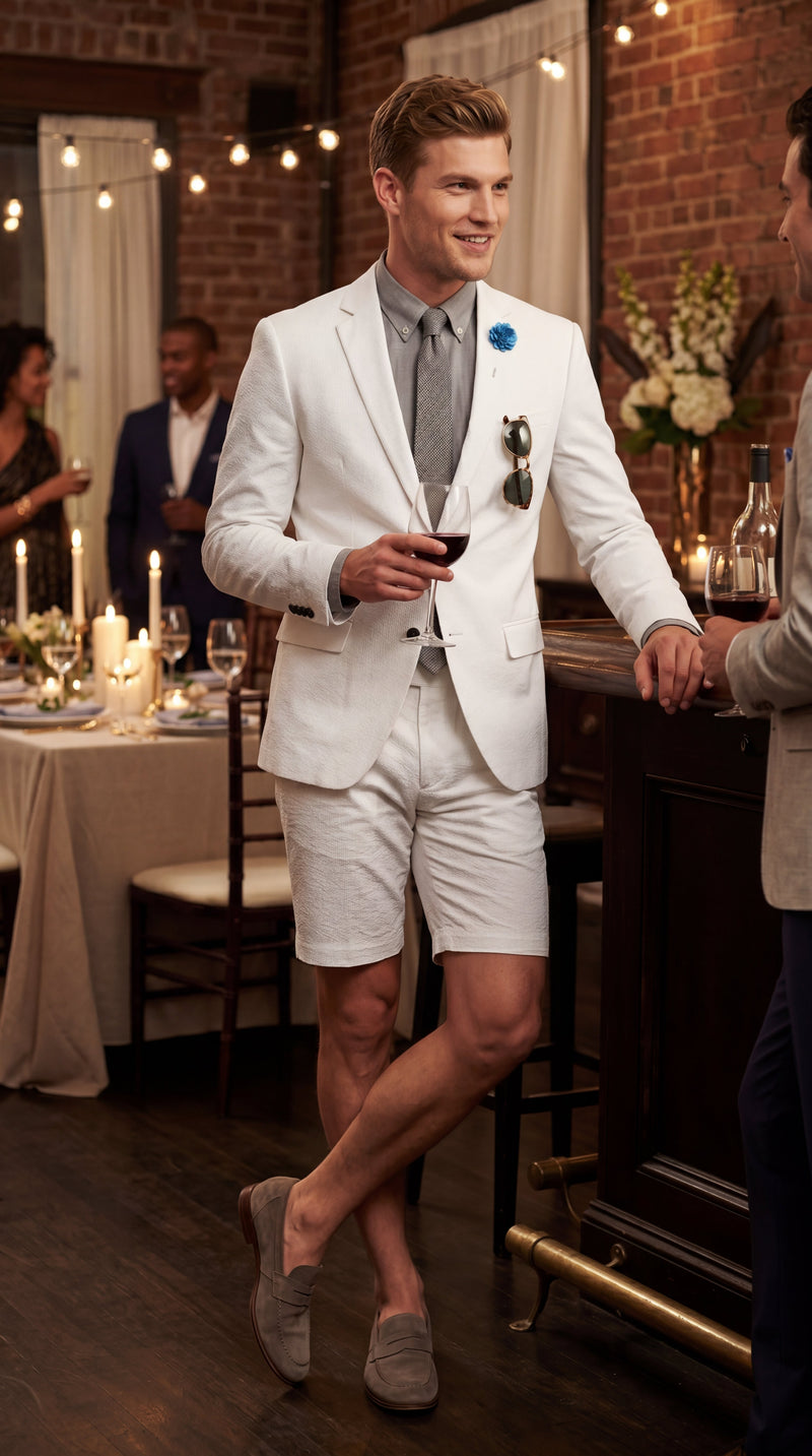 Men’s Cotton Fabric White 2 Piece Summer Suit with Shorts, Casual Beach Wedding and Resort Formal Outfit