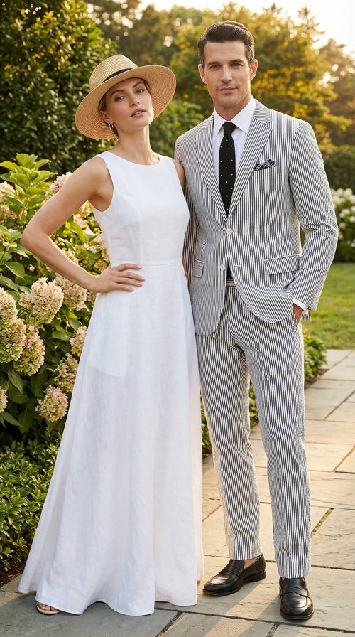 Men’s White and Black Seersucker Suit – Classic Lightweight Striped Summer Suit for Weddings and Formal Events