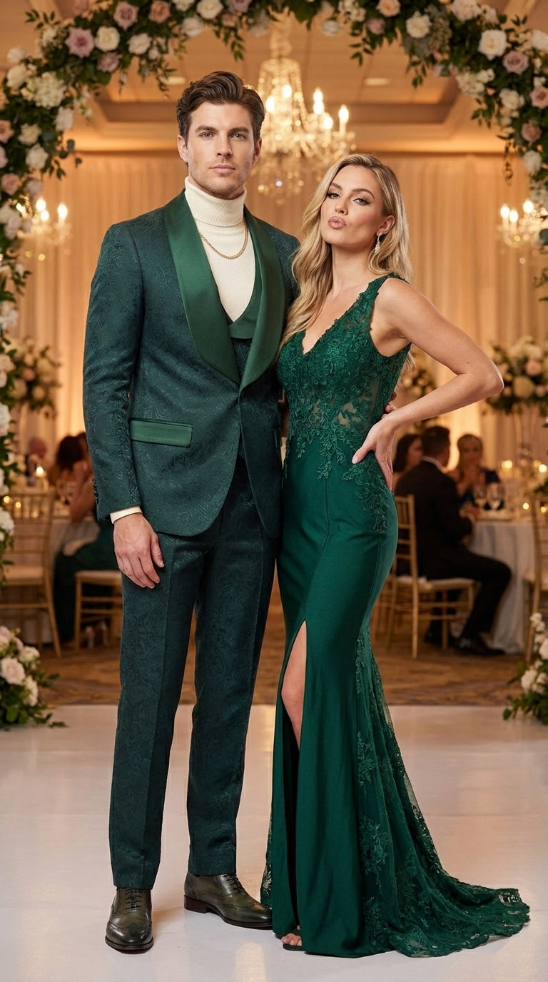 Mens Hunter Green Wedding Tuxedo Suit – Paisley Pattern Three Piece Formal Suit Set with Shawl Lapel for Groom, Prom in Emerald green