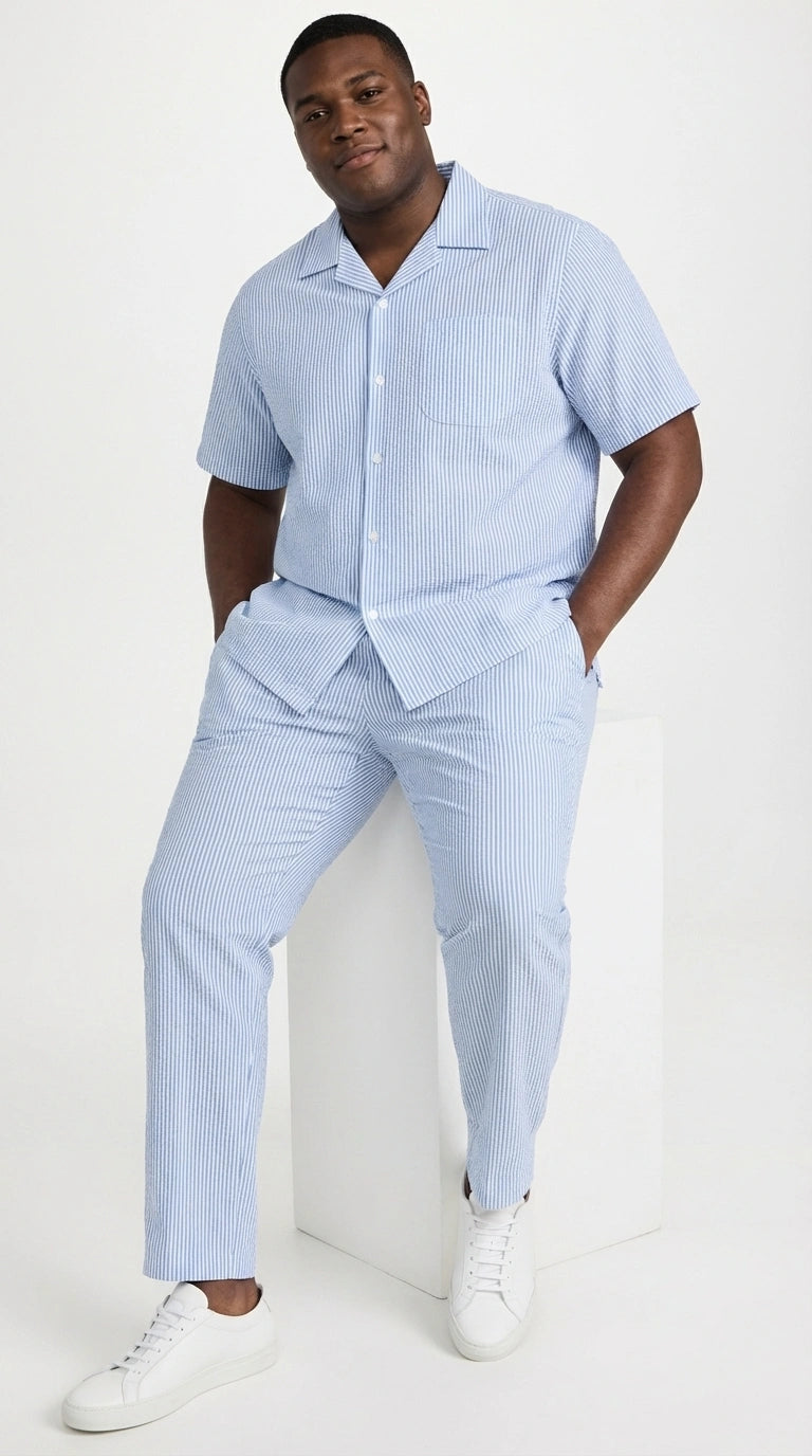 ens Light Blue Seersucker Walking Suit Set – Casual Summer Short Sleeve Outfit with Matching Pants Lightweight Two Piece Outfit