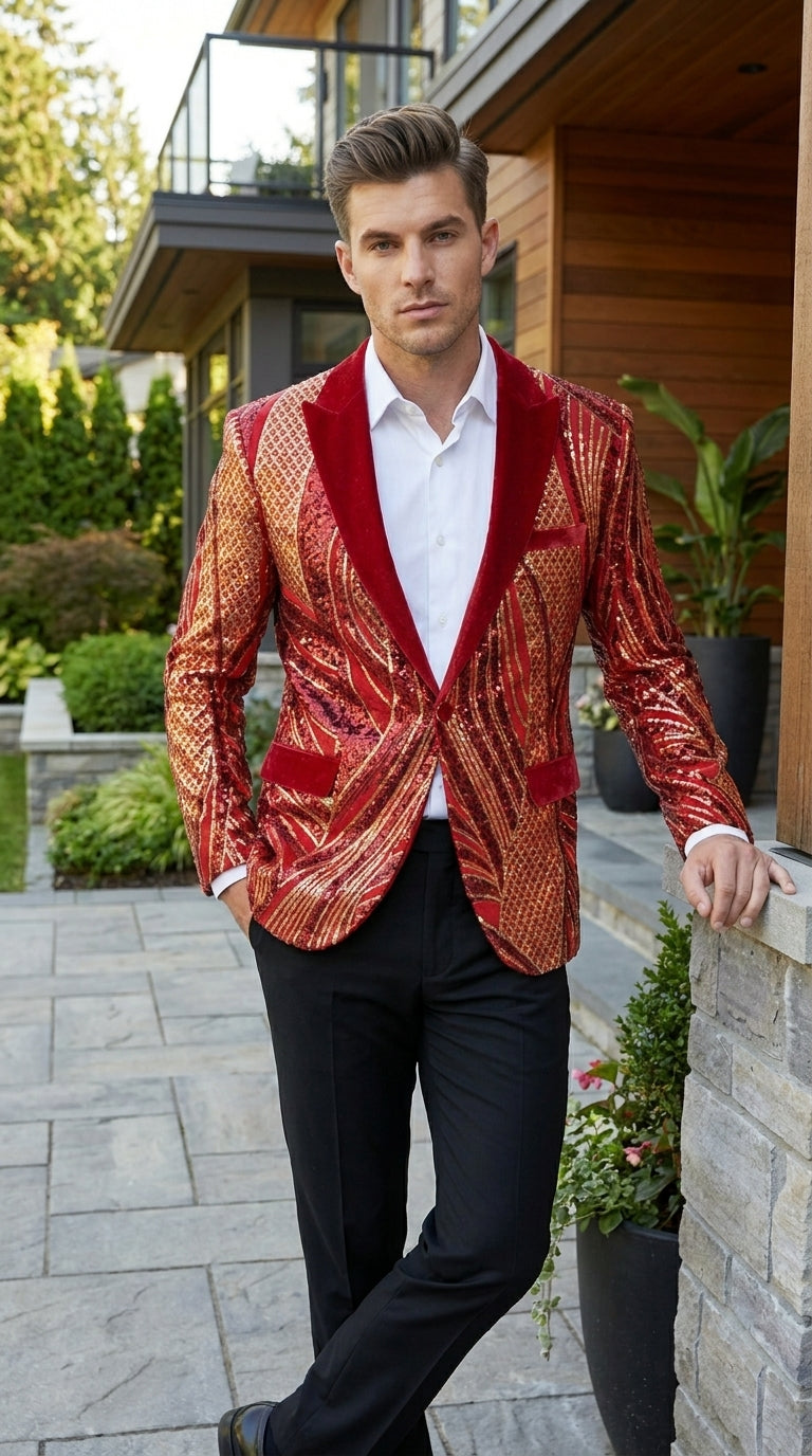 Men’s Red and Gold Sequin Christmas Holiday Blazer – Luxury Party Jacket for New Year, Wedding and Festive Events