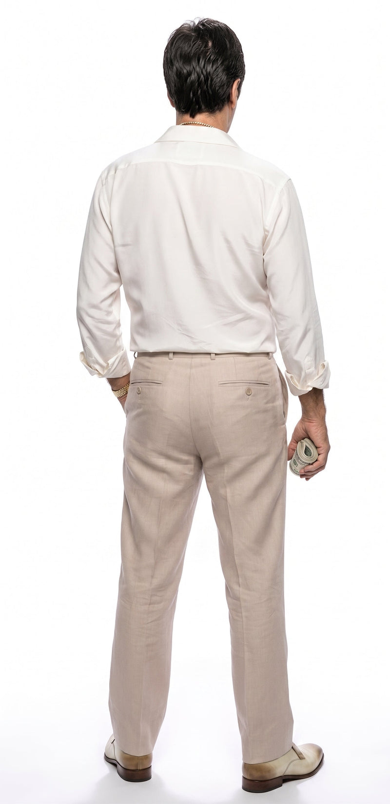 Tony Montana's White Linen Shirt and Tan Pants – Men's White Formal Shirt with Tan Trousers for Party, Wedding and Vintage Style Outfit