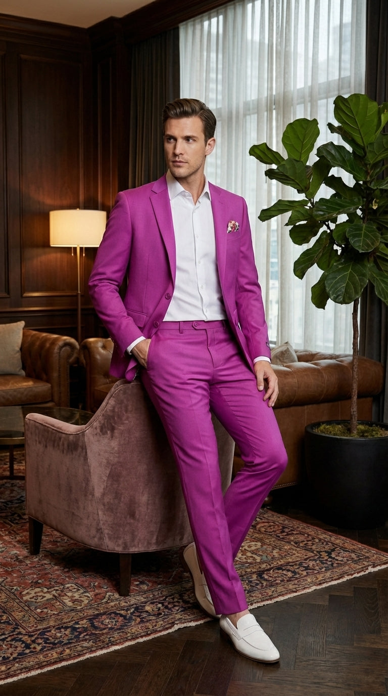 Mens Fuchsia 2 Piece Suit – Bright Pink Formal Suit for Men Stylish Wedding Party Prom Suit Magento Color