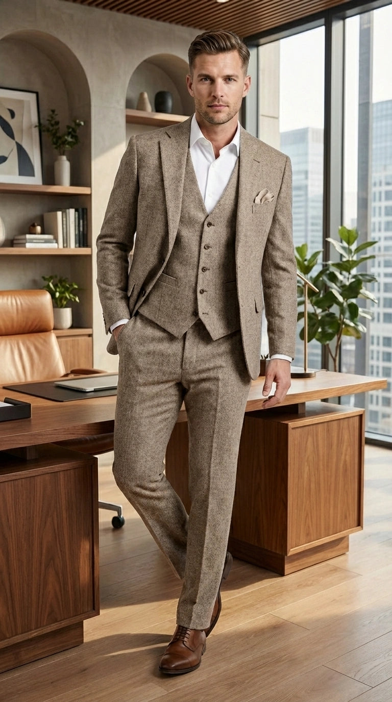 Men’s Light Beige Herringbone Tweed Suit with Vest – Classic Three Piece Formal Suit, Vintage Business Wedding Outfit, Elegant Smart Casual Wear